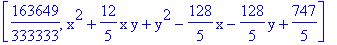 [163649/333333, x^2+12/5*x*y+y^2-128/5*x-128/5*y+747/5]